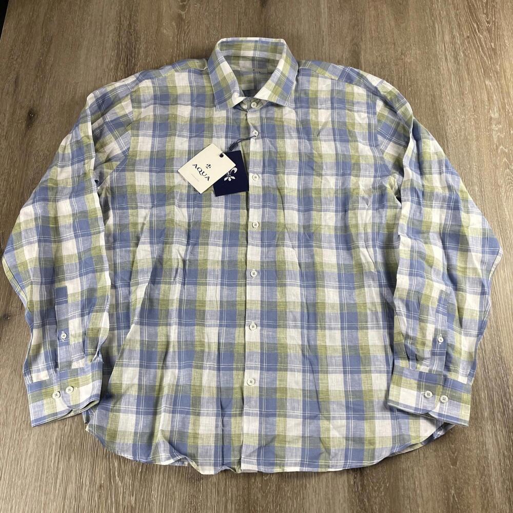 Toscano Aqua Men's Linen Gingham Plaid Button Up Shirt Blue Green Men's 2XL - Picture 2 of 10